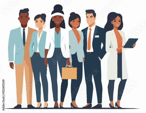Multinational business team. Vector illustration of diverse cartoon men and women of various ethnicities, ages, and body types in office outfits. Isolated on white.