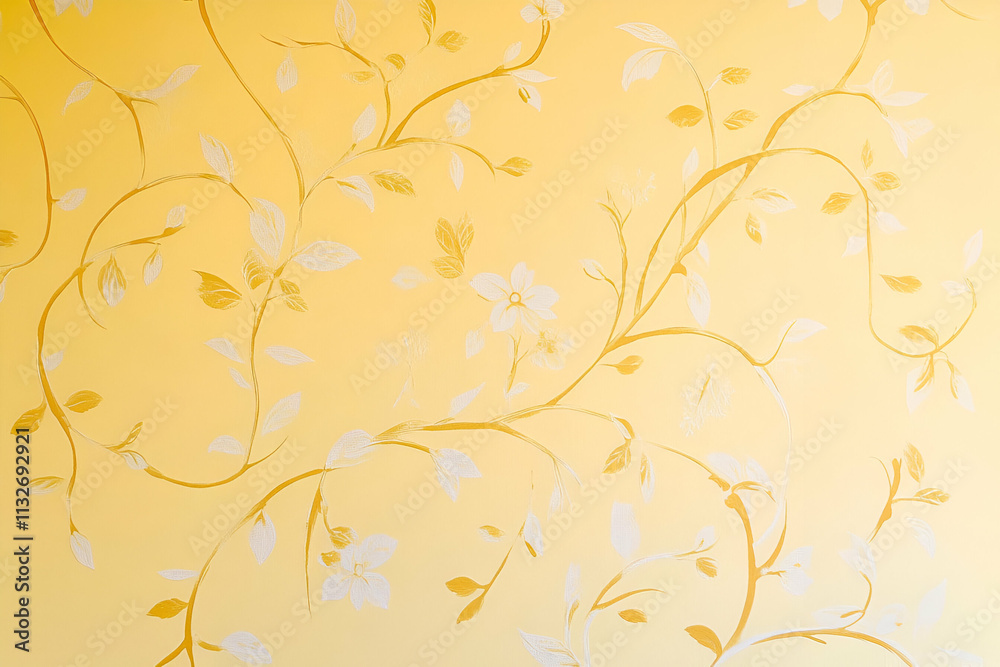 A decorative wall featuring a floral pattern in soft yellow and gold tones.