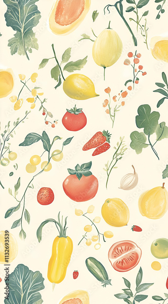 Obraz premium A colorful pattern featuring various fruits and vegetables on a light background.