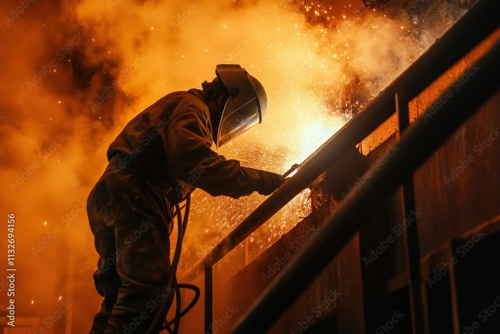 Fototapeta premium Skilled welder performing precision work in a dimly lit workshop, surrounded by bright sparks and smoke, showcasing the art of metal fabrication and industrial craftsmanship.