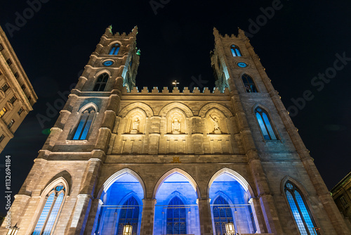 Montreal, Quebec, Canada - August 18 2021 : Night view of Notre-Dame Basilica in Old Montreal. photo