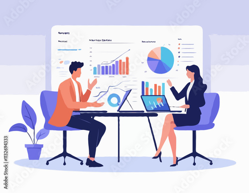 Business Teamwork Concept. Vector illustration in a flat style of two people discussing a project with an analytics dashboards. Isolated on background.