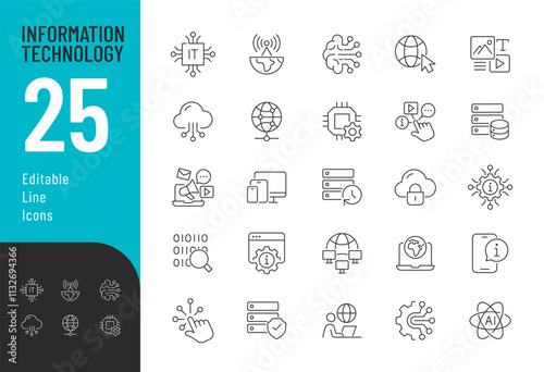 Information Technology Line Editable Icons set. Vector illustration in modern thin line style of science related icons: internet, artificial intelligence, devices, and more. Pictograms and infographic