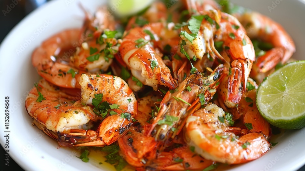 A bowl of seasoned shrimp garnished with herbs and lime, ready to be served. A bowl of seasoned shrimp garnished with herbs and lime, ready to be served.