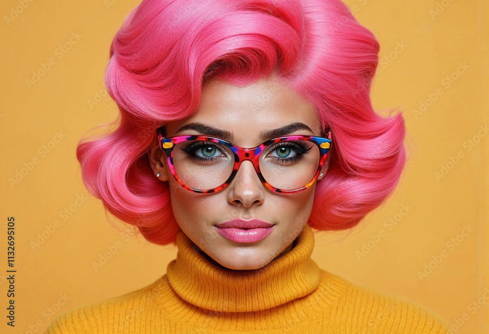 Obraz premium Young positive woman bright makeup pink hair glamor stylish glasses color background unaltered