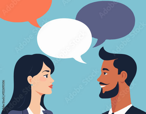 Business Discussion Concept. Vector cartoon illustration in flat style of man and woman talking to each other with big speech bubble-puzzle on top