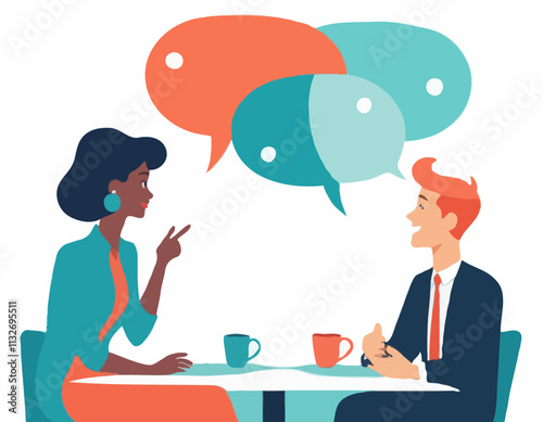 Business Discussion Concept. Vector cartoon illustration in flat style of man and woman talking to each other with big speech bubble-puzzle on top