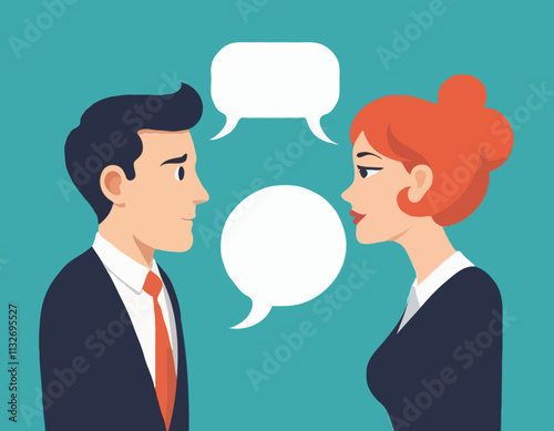 Business Discussion Concept. Vector cartoon illustration in flat style of man and woman talking to each other with big speech bubble-puzzle on top