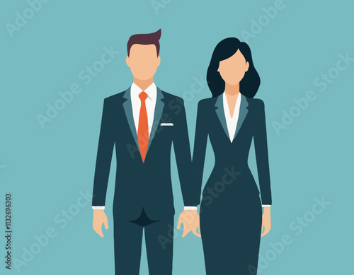 Business Leadership Concept. Vector illustration in flat style of three diverse people in business  outfits looking forward. Isolated on background