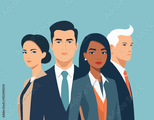 Business Leadership Concept. Vector illustration in flat style of three diverse people in business  outfits looking forward. Isolated on background