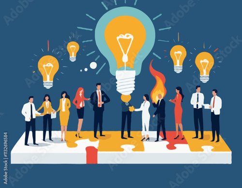 BusinessTeamwork concept. Contemporary flat style abstract vector illustration of diverse people in business suits putting together a puzzle with a burning light bulb. Isolated on background