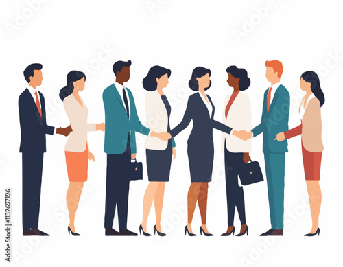 Meeting of business people. Vector illustration in flat cartoon style of several couples of people of different nationalities in business clothes shaking hands. Isolated on white