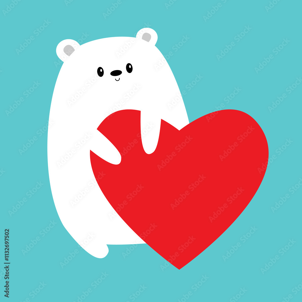 Fototapeta premium White polar bear holding big red heart. Happy Valentines Day. Kawaii head face. Cute cartoon funny animal character. Love card. Childish style. Flat design. Blue background. Isolated. Vector