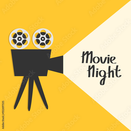 Movie night. Retro Cinema projector with light. Vintage film camera reel. , Poster, invitation, flyer template. Simple flat design. Yellow background. Isolated. Vector illustration