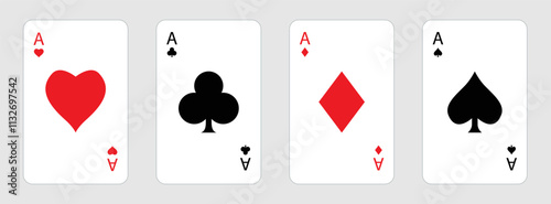Playing card set. Poker cards suits. Four aces icon. Hearts, clubs, diamonds, spades ace. Big sign. Winning poker hand. Las Vegas Casino gambling concept. Flat design. Isolated White background Vector