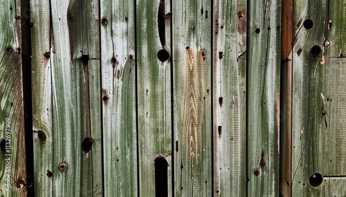 A rustic wooden wall displays weathered planks with multiple nail holes, cracks, and rough textures, reflecting aged and natural character. AI generated. photo