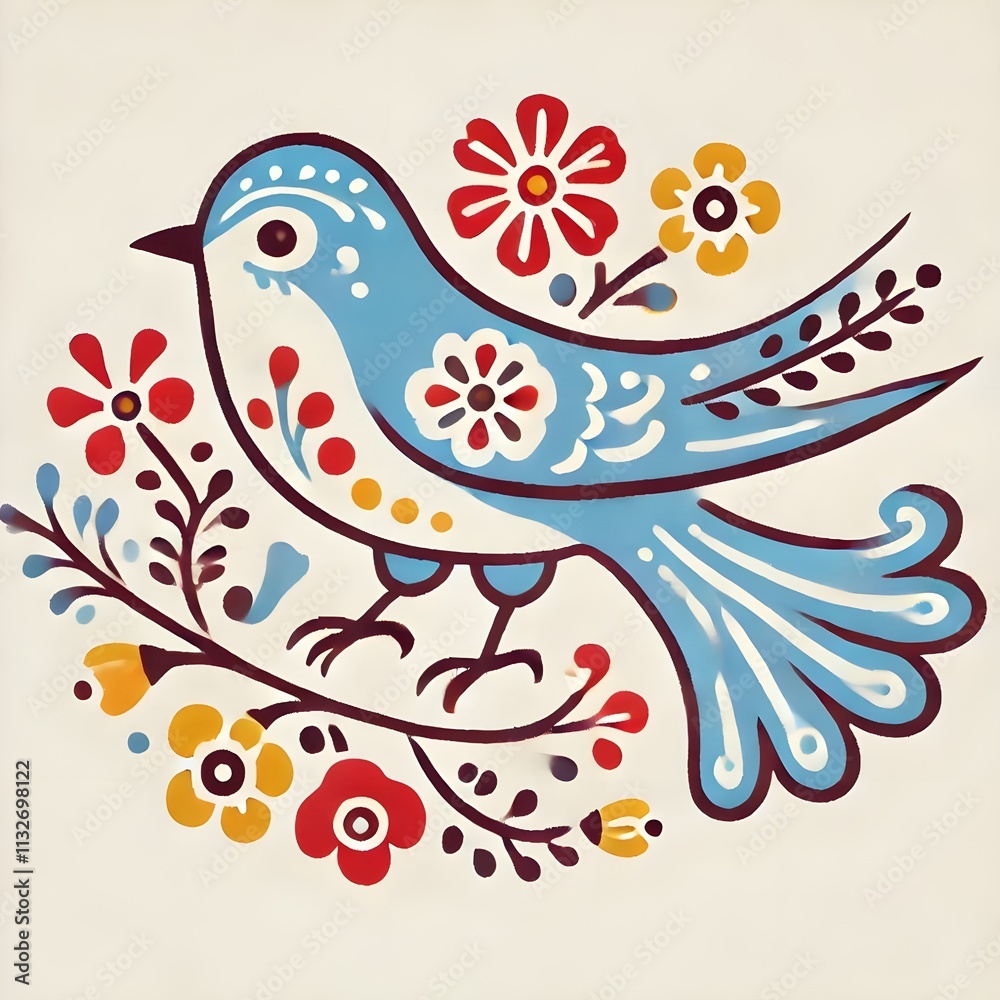 Obraz premium A Touch of Folk Blue Bird and Flowers
