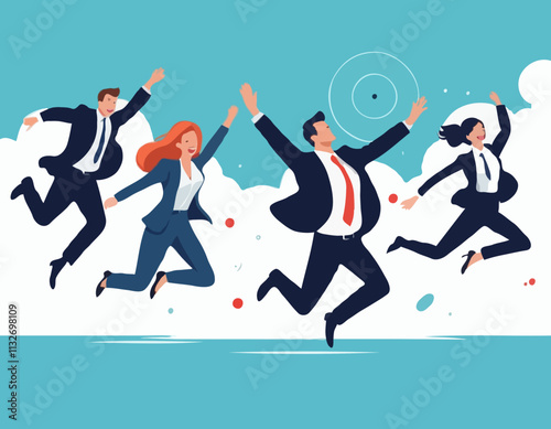 Business Target Concept. Vector illustration in flat style of a group of people in business suits jumping for joy against the background of a target with an accurate hit. Isolated on background