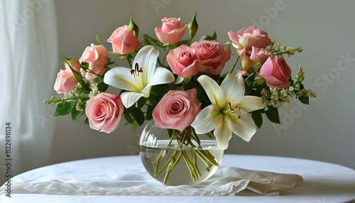 Elegant floral arrangement with roses and lilies for event decor photo