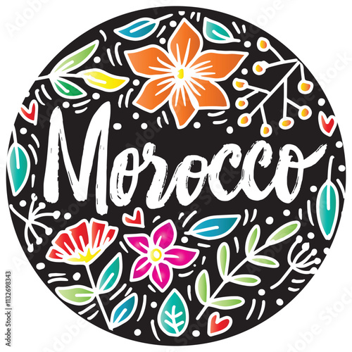 Morocco. Hand drawn lettering with flowers. Vector illustration.
