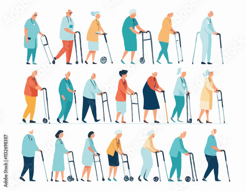Aged people with assistive devices. Vector illustration in cartoon flat style of senior men and women with crutches, canes, walkers and wheelchairs, and nurses helping them. Isolated on white.