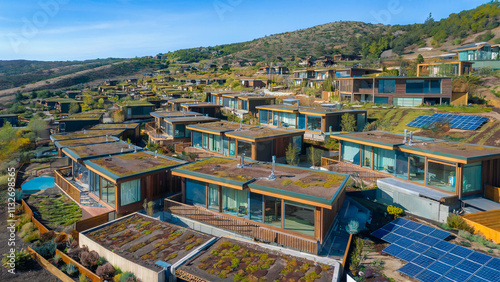 A bird's-eye perspective of an eco-conscious community featuring green roofs, solar panels, and sustainable architecture.