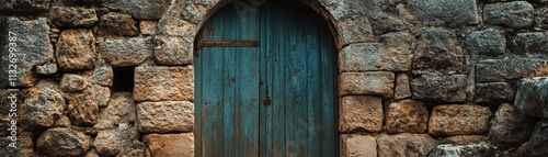 Weathered Teal Door in Ancient Stone Wall photo