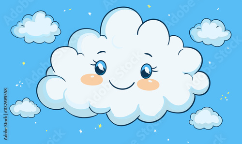 Smiling cloud character with blue background, cheerful expression, cartoon style, fluffy appearance, surrounded by smaller clouds and stars, vector illustration, isolated, flat