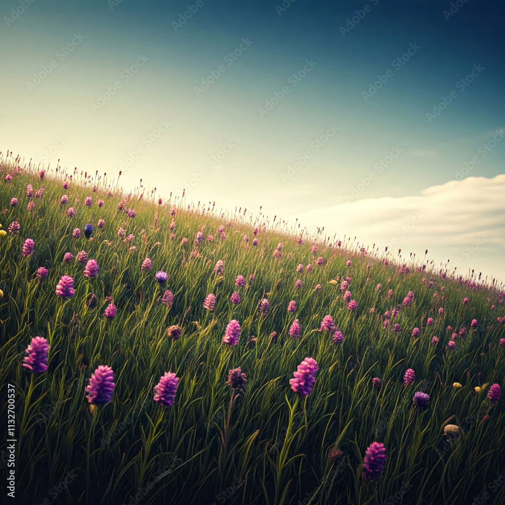 Obraz premium A vast expanse of vibrant purple flowers stretches towards a clear blue sky