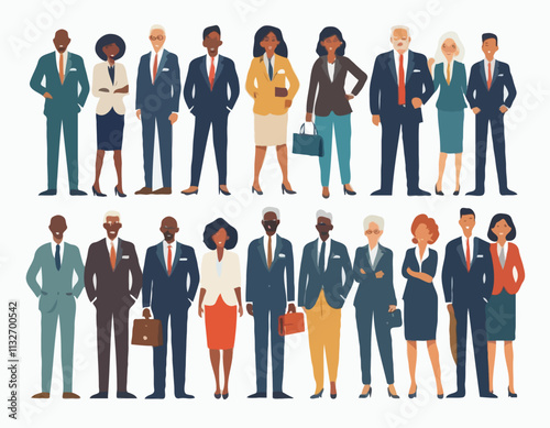 Senior business people collection. Vector cartoon illustration in a flat style of a group of diverse happy multi ethnic people in suits and office outfits. Isolated on white