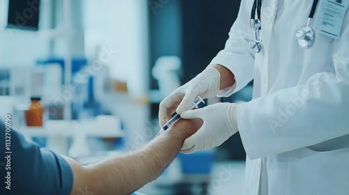 Doctor administering an injection into a patient's arm, symbolizing medical care and health treatment.