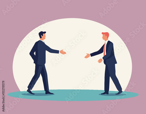 Agreement concept. Vector flat minimalistic full length illustration of two businessmen shaking hands while balancing on an abstract surface