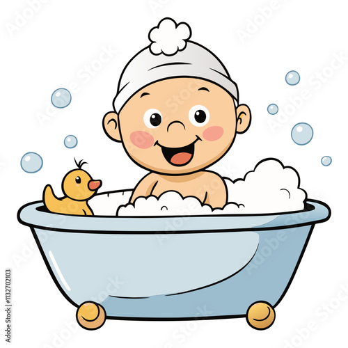 Baby in bathtub with rubber duck, smiling happily, surrounded by bubbles, wearing a knitted hat, vector illustration, isolated, flat