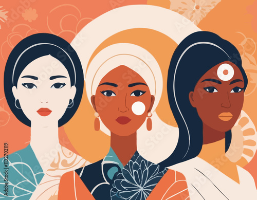 International Women's Day banner concept. Vector flat modern illustration of three female silhouettes of different nationalities, consisting of a pattern of abstract diverse female portraits