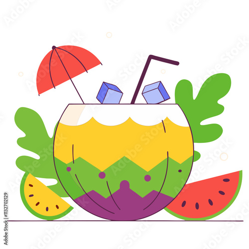 Colorful tropical drink with umbrella, ice cubes, and fruits, featuring watermelon and lemon slices, vibrant design, vector illustration, isolated, flat