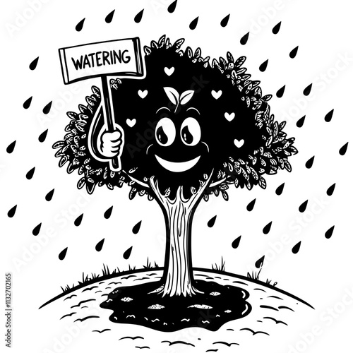Happy tree holding watering sign, smiling face, raindrops falling, cartoon style, playful illustration, vector illustration, isolated, flat