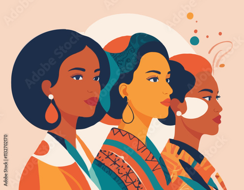 International Women's Day banner concept. Vector flat modern illustration of three female silhouettes of different nationalities, consisting of a pattern of abstract diverse female portraits