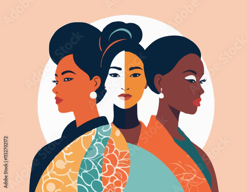 International Women's Day banner concept. Vector flat modern illustration of three female silhouettes of different nationalities, consisting of a pattern of abstract diverse female portraits