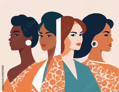 International Women's Day banner concept. Vector flat modern illustration of three female silhouettes of different nationalities, consisting of a pattern of abstract diverse female portraits