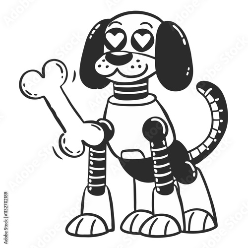 Robot dog holding bone, cartoon style, playful design, heart eyes, mechanical features, black and white illustration, vector illustration, isolated, flat