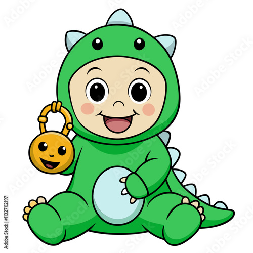 Cute baby dinosaur costume, smiling baby in green dinosaur outfit holding toy, playful expression, cartoon style, vector illustration, isolated, flat