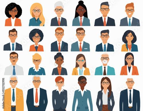 Business people avatars collection. Close-up vector cartoon illustration of people of different ages and ethnicities in office outfits. Isolated on white background
