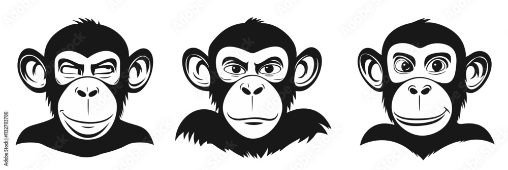 Monkey faces illustrations, three distinct expressions, cartoon style, black and white design, vector illustration, isolated, flat