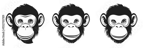 Monkey faces illustration, three distinct monkey head designs, black and white style, expressive eyes, cartoonish features, vector illustration, isolated, flat