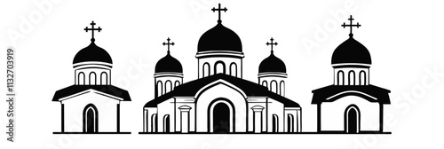 Church silhouettes with domes and crosses, featuring multiple architectural styles and designs, vector illustration, isolated, flat