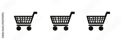 Shopping carts icons, three black shopping cart silhouettes, minimalistic design, suitable for e-commerce, retail, online shopping, vector illustration, isolated, flat