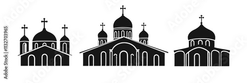 Silhouettes of Orthodox Churches, three distinct church designs with domes and crosses, black and white illustration, vector illustration, isolated, flat