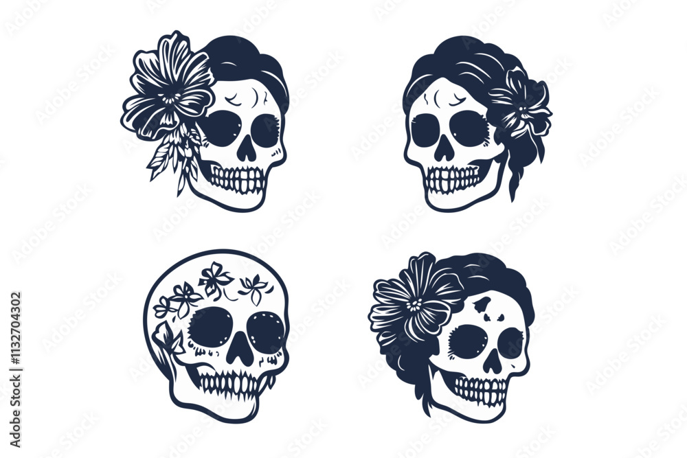 Fototapeta premium Skull illustrations with floral designs, four unique skulls featuring floral elements, intricate details, dark color scheme, vector illustration, isolated, flat
