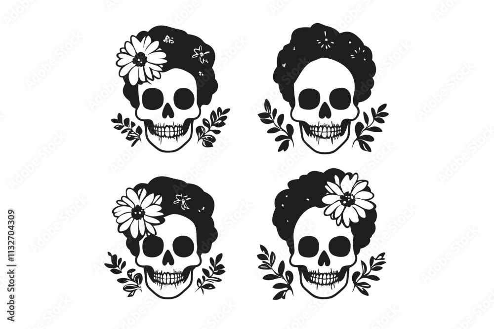 Obraz premium Skull illustrations with floral designs, four unique skulls featuring flowers and leaves, black and white art, decorative elements, vector illustration, isolated, flat