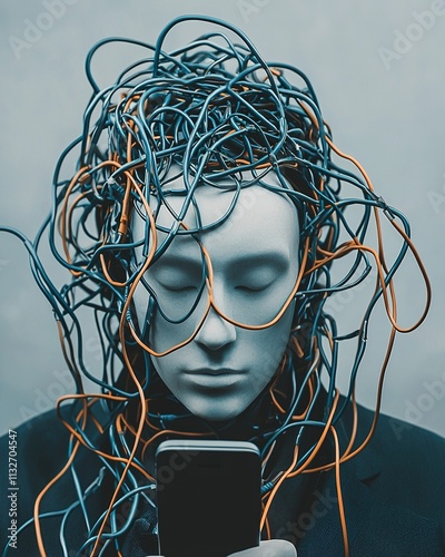 Addiction of social media networks and internet. Man concected via cable to a smartphone. Generative Ai